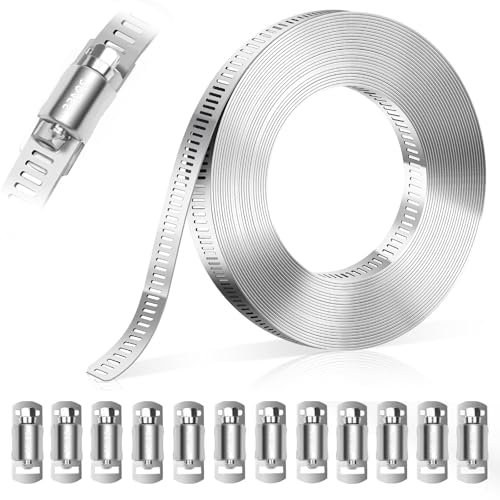 Hose Clamp 5 M/16.4 Feet, Hose Clips with 12 Fasteners, 304 Stainless Steel Clamps Adjustable Hose Pipe Clips Large Pipe Clamps Assortment for Pipe, Plumbing, Fuel Line, Intercooler Tube