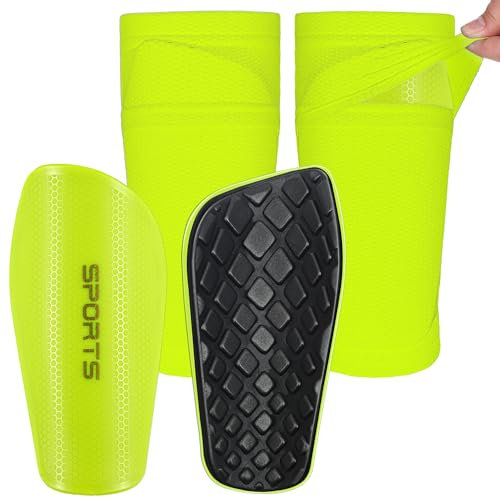 Kinder Herren Schienbeinschoner inkl. Stutzen mit Optimierter Einstecktasche - Schienbeinschoner Fußball zum Einschieben (Ffluoreszierendes Grün, L(160-180cm))