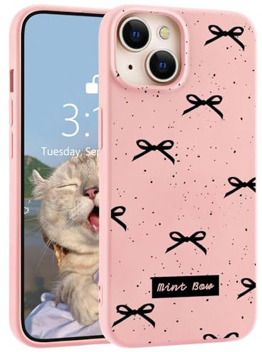 LuminousGuard for iPhone 13 Case, Cute Kawaii Black Bow Pink Liquid Silicone Phone Case Slim Fit Soft Gel Rubber Protective Phone Cover for Women Girls