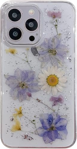 Riccase for iPhone 13 Pro Max Case Clear with Real Dried Flower Patterns, Shockproof Transparent Soft TPU Protective Bumper Slim Glitter Cute Floral for iPhone 13 Pro Max Phone Case,Purple Flower