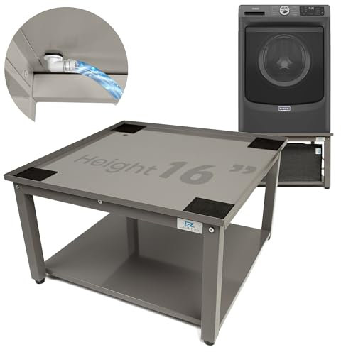 EZ Laundry Grey Washing Machine Stand & Dryer Pedestal – 41 CM Height Steel Riser for Back Relief | Fits 61 CM Wide Front-Load | Drip Tray & Hose Included | 360 KG Load Capacity | UK Compatible