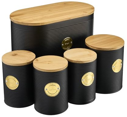 Cooks Professional 5 Piece Ribbed Tea Coffee Sugar Bread & Biscuit Cannisters with Air-Tight Bamboo Lids | Stainless Steel Kitchen Storage Bin Set | Modern & Stylish | Black & Gold