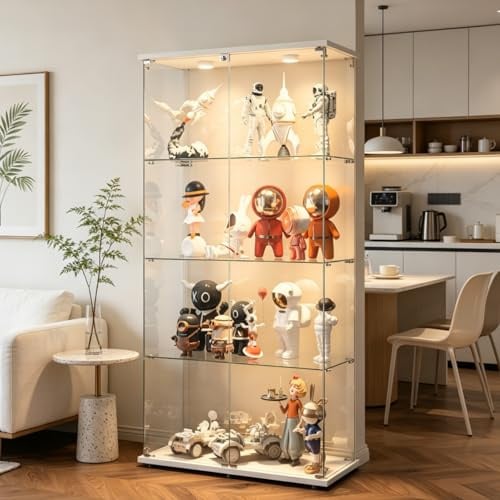 Glasvitrine Standvitrine LED, 2 Türen 4 Etagen Vitrine mit Glas Vitrinenschrank Led mit Schloss Sammlervitrine Glasvitrine Stehend für Sammlerstücke, Modelle (Weiß, 2 Tür 4 Etagen LED+Spiegel)