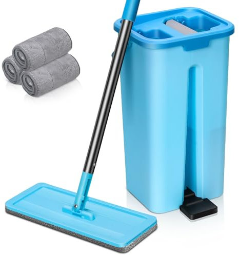MASTERTOP Fregona Mopa con Cubo Escurridor, Mopa Plana con 3 Almohadillas Lavables para Suelos de Madera Dura y Laminado (Azul Cielo)