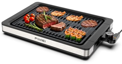FIMEI Barbecue électrique Grill de table 1800W, Gril sans Fumée Revêtement Anti-Adhésif, Plancha Thermostat Réglable, Plaque et Bac lave-Vaisselle, pour Intérieur/Extérieur