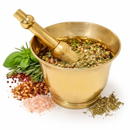 Brass Mortar and Pestle Set, Spice and Herb Grinder, Pill Crusher, Herb Bowl, Pesto Powder Metal Okhli and Musal Masher for Home & Kitchen Décor (Plain, Pack of 1)