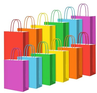 Vivantia Party Paper Gift Bags with Handles 12 Pcs, Rainbow Color | Colorful Party Favor bags, 120 GSM Gift and Sweet Kraft Bags for Kids and Adults Party, Christmas, Birthday, 16 x 8 x 22 cm