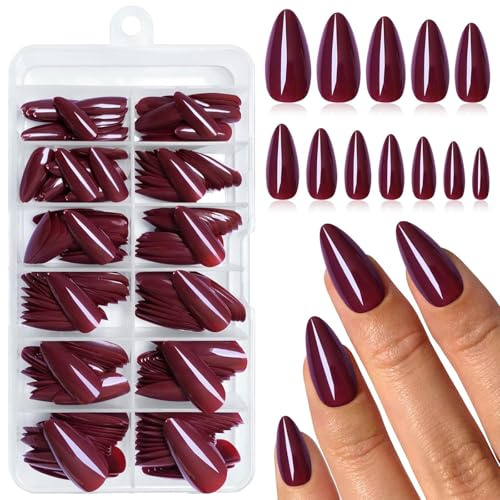 LunarCharm 240 Pieces Purple Red Almond Press on Nails Medium Size Fake Nails Press ons, False Acrylic Nails Almond Nails Artificial Nail Tips