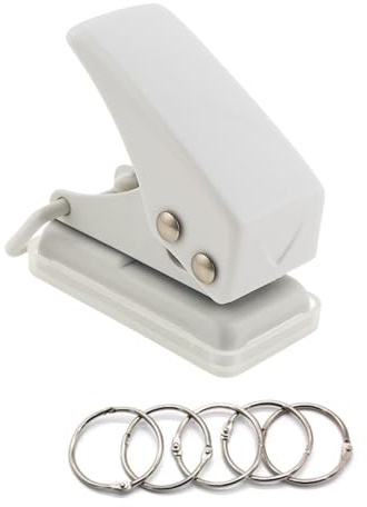 1x Weißer Mini Einzellocher + 5x 25mm Buchringe, tragbar & ergonomisch, ideal für Schule, Büro, DIY, Lesezeichen, Alben & mehr – leicht zu bedienen und zu reinigen