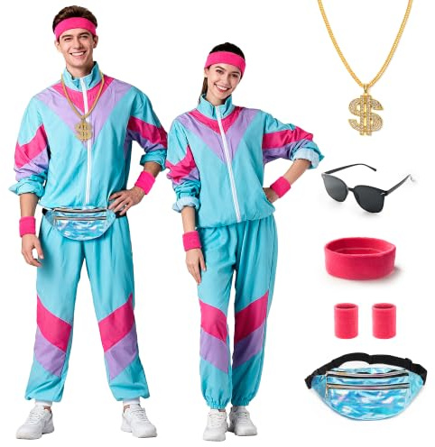 BUIKEC 80er 90er Jahre Outfit für Herren und Damen,80s Tracksuit Sportbekleidung,Outfit Paare Karneval, Trainingsanzug Jogginganzug, Outfit für 80er Jahre Outfit Herren Kostüm