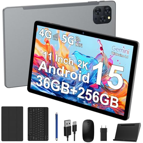 FASTWD Tablette 11 Pouces Android 15 Tablette Tactile avec 4G LTE/5G WLAN,Octa-Core,36GB+256GB/TF 1TB/8000mAh/13MP+8MP/GPS/GMS,BT5,Tablette avec Clavier,Gris