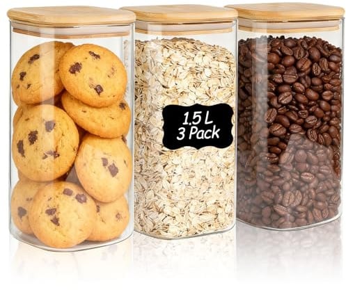 ComSaf Vorratsgläser Glasbehälter mit Deckel für Küche 1,5 L, 3er Set | Vorratsdosen, Mehl, Zucker, Müsli, Backzutaten, Küchenregal, tägliche Vorratsorganisation