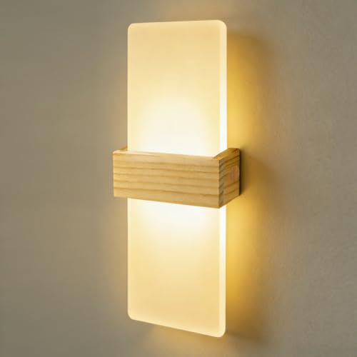 JaneYi Wandlampe Innen 12W Warmweiß 3000K LED Wandleuchte Up & Down Moderne Flurlampe Wand aus Acryl mit Holzgehäuse Indirektes Licht Wandbeleuchtung für Flur Treppenhaus Wohnzimmer Schlafzimmer