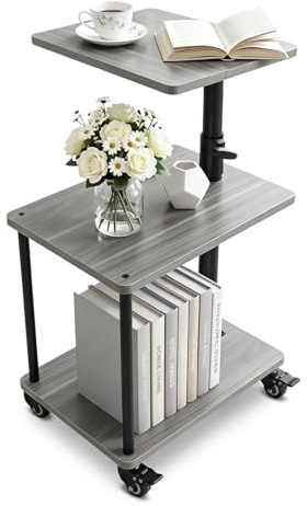 Bingyouth Beistelltisch auf Rollen mit Bremse, höhenverstellbar & 360° drehbar – Beistelltisch Couch/Side Table mit 3 Ablagen, stabilem Rohr, MDF Holzoptik, Grau-Walnuss