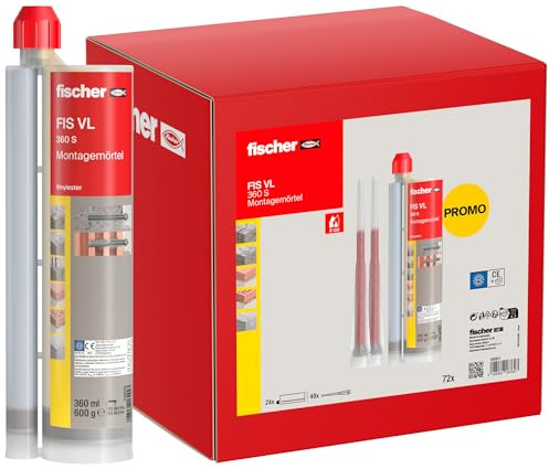 fischer Montagemörtel FIS VL 360 S im Umkarton, 2K-Injektionsmörtel auf Vinylesterbasis, für Beton und Mauerwerk, spreizdruckfreie Befestigung, 24 x 360 ml Kartuschen und 48 x Statikmischer