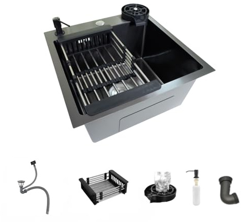 Faizee Home | Hydro Edelstahlspüle 45x45 cm – Kompakte Küchenspüle mit Seifenspender & Glassspüler | Einbauspüle inkl. Siphon-Set für moderne Küchen