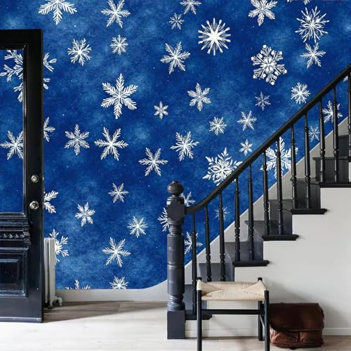 WunM Studio 3D Papier Peint Flocons de neige blancs Motifs sur le thème de l'hiver bleu foncé Papier Peint Panoramique Pour Salon Chambre Chambre D'Enfant Décoration Murale,