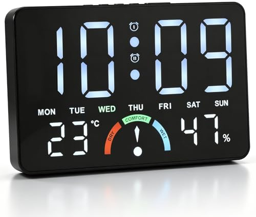 Digital LED Wall Clock with 5 Brightness Dimmer for Living Room Bedroom | Large LED Desk Clock Battery Operated with Temperature Humidity Dual Alarms Remote Control for Children Seniors Heavy Sleeper