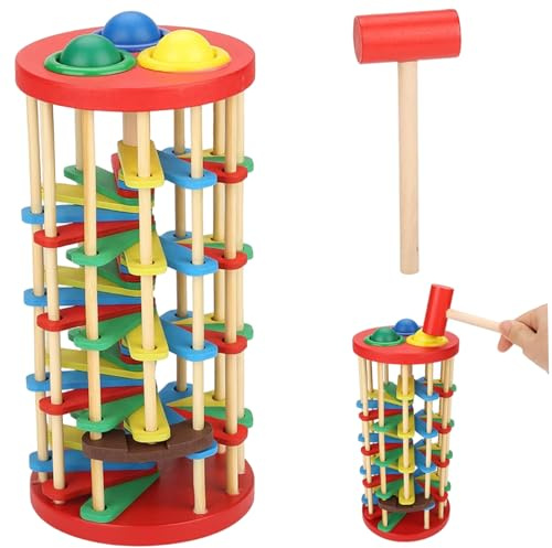 NASSMOSSE Giocattolo Montessori per Far Cadere la Palla, Torre di Caduta della Palla in Legno con Rampe vorticose, Martello e 3 Palline, Giocattolo educativo Montessori per Bambini dai 3 Anni