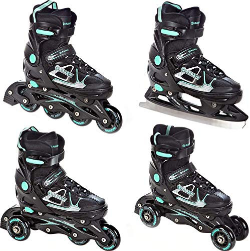 RAVEN 4in1 Inline Skates Triskates Rollschuhe Schlittschuhe Inliner für Kinder und Erwachsene verstellbar (Spirit Black/Mint, 37-40 (23,5-26cm))