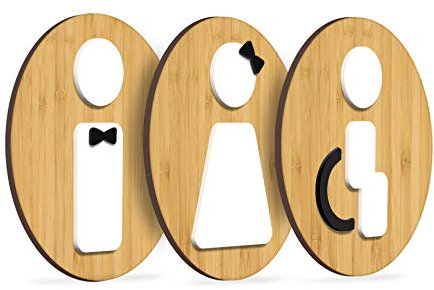 Signs - Stylerd Knot, Set 3x- Plaque signalétique Toilette Homme Femme Handicapé - Pancarte Toilette porte autocollant - Signaletique Toilettes Femme - Plaque handicapé (Prime Ronde - Bambou)