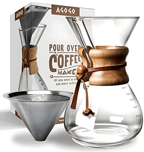 AGOGO Pour Over Coffee Maker-Borosilicate Glass Coffee Pot-Coffee Dripper with Metal Filters Carafe 8 Cup