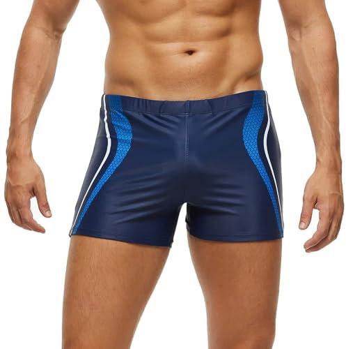 Arcweg Badehose Herren Eng Kurz Badeshorts mit Tunnelzug Elastische Schwimmhose mit herausnehmbarem Pad Wassersport Kurze Hose UV Schutz Schwimmwear Blauer Streifen XL(EU