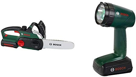 Theo Klein 8399 Bosch Kettensäge I Originalgetreue, kindgerechte Nachbildung I 13 cm x 39,5 cm x 14 cm & Bosch Akku-Lampe I Batteriebetriebene Lampe um 90 Grad drehbar I 9,5 cm x 6,4 cm x 18 cm