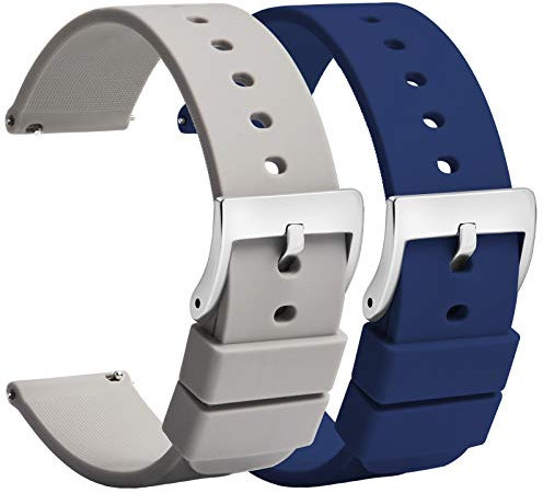 TStrap Montre Bracelets Silicone 18mm - Bracelet de Montre à Dégagement Rapide Caoutchouc Bleu Gris Hommes Femmes Sport - Bracelets de Montres étanche pour Smartwatch Boucle Argent - 20mm 22mm