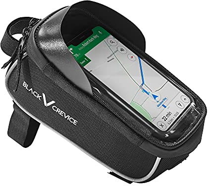 Black Crevice Tube Bag Fahrradtasche I robuste & wasserdichte Fahrrad-Rahmentasche I Fahrradtasche mit Smartphone-Halterung bis 6,5 Zoll I Fahrrad-Oberrohrtasche mit 2 Fächern I 18x8x10cm