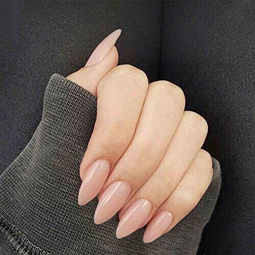 Yheakne Lot de 24 faux ongles à clipser en forme d'amande nude - Brillants - En acrylique - Pour femme (couleur pure)