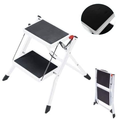 2 Step Ladder Heavy Duty Steel,Portable Folding Step Stool with Anti-Slip Mat Tread,Foldable Stepladder Kitchen Ladders Stools,Max Loading 150kg