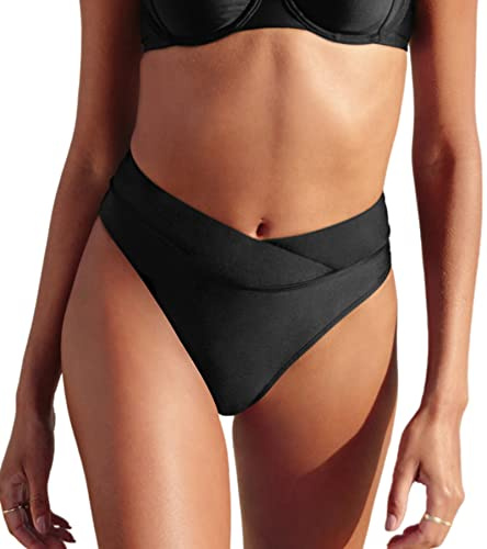 CUPSHE Maillot de Bain Bikini pour Femme Noir Taille Haute Coupe Haute Cheeky Bikini Bottom
