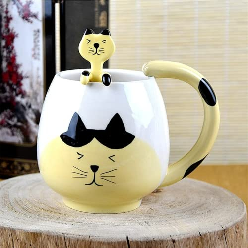 Arawat Lustige Tasse Kaffeetasse Süß Tasse Katze Keramik Teetasse mit Löffel & Untersetzer 420 ml Groß 3D Kaffeebecher Cute Katze Tasse Geburtstagsgeschenk für Freundin Freund Jungen Frauen Männer