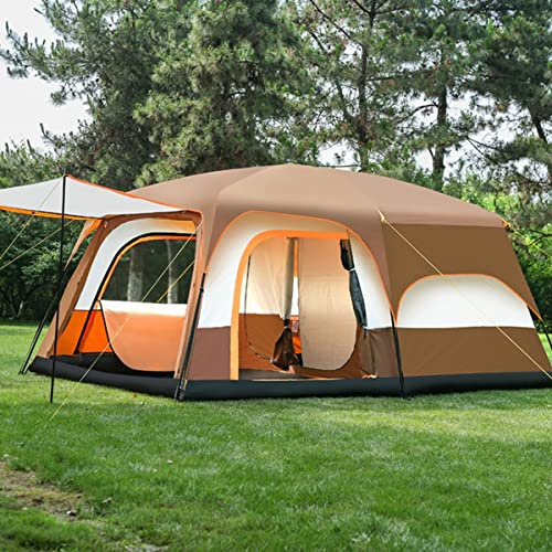TXTC Großes Zelt Für 8-12 Personen Doppelschicht-Campingzelt, 2 Schlafzimmer+1 Wohnzimmer+1 Flur, Festival Essential Familienzelt Wasserdichter Sonnenschutz, Große Netzfenster (Color : Brown)