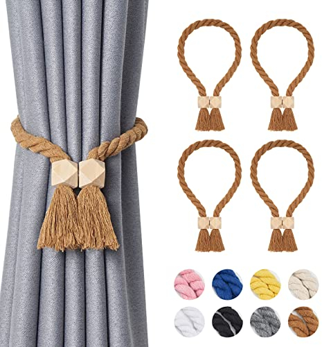 Pretty Jolly Polyeder magnetische Vorhang-Raffhalter aus Holz, Boho-Dekoration, Raffhalter, natürliche Baumwolle, handgewebt, für Fenstervorhänge für Zuhause und Büro, Kaffee, 4 Stück