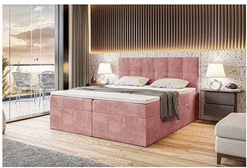 MEBLINI Boxspringbett mit Bettkasten - Gepolstert Doppelbett mit Matratze und Topper - Polsterbett mit Stauraum - Bett mit Kopfteil - Stauraumbett - RACO - 140x200 - H3/Rosa Samt