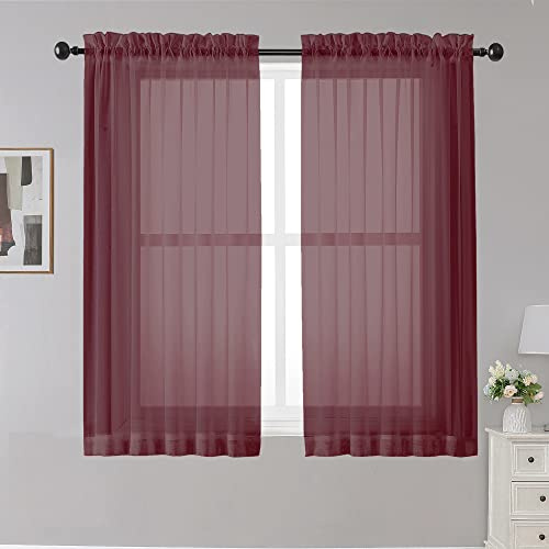 OWENIE durchscheinende Vorhänge, 114,3 cm lang, lichtfilternde Scheibengardinen für Küche, Schlafzimmer, 2 Stoffbahnen, Café-Vorhänge für kleine Fenster, 106,7 x 114,3 cm, Burgunderrot