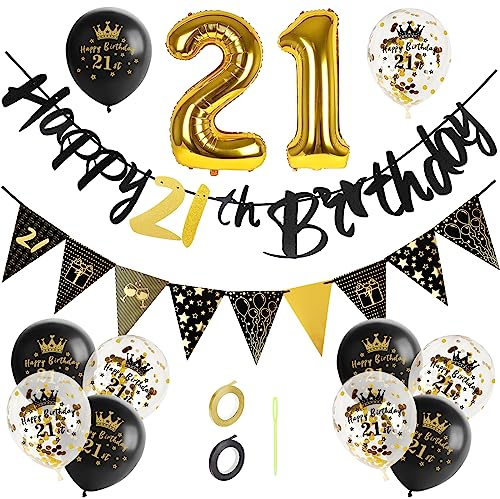 GoldRock 21 Geburtstag Deko Schwarz Gold, 21. Geburtstag Männer Frau, Luftballon 21 Geburtstag, Geburtstagsdeko Mann 21 Jahre, Happy Birthday Girlande,Folienballon Zahl 21, Deko Geburtstag Mann 21