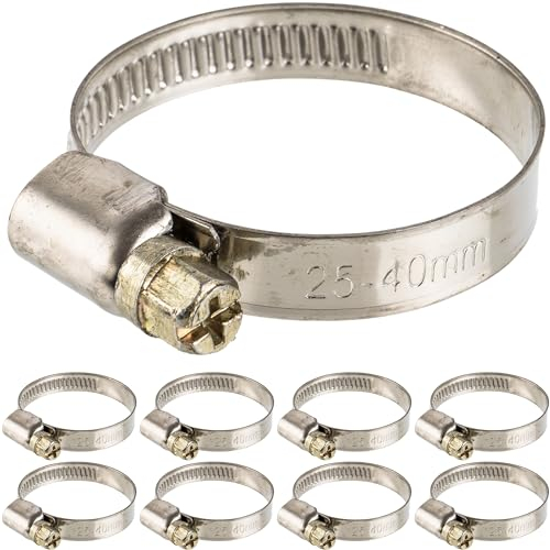Schlauchschellen mit Schneckenantrieb, 8 Stück, Spannbereich Ø 25-40 mm, für 1 1/4 Schläuche, W2 Edelstahl, Kreuzschlitz SW 7, 9 mm Bandbreite, Fixierung von Waschmaschine, Spülmaschine Anschluss