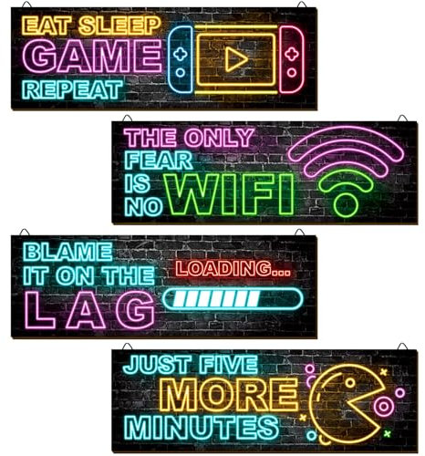 clothmile 4 Stück Neon-Gaming-Dekoration für Jungenzimmer, Holz-Videospiel, Wandkunst, motivierendes Zitat, Gamer, inspirierende Wanddekoration für Jungen, Kinderzimmer, Spielzimmer, Dekorationen (b)