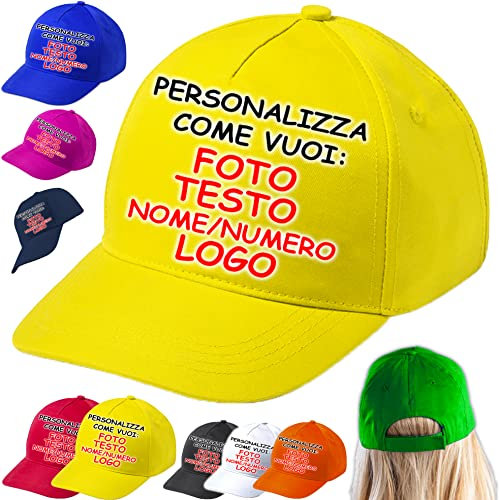 Cappellino Personalizzato Stampa Inclusa Cappello Baseball Personalizzabile con Visiera Precurvata da Bambini Regolabile Bimbo Leggero Foto Numero Nome Gita Grest Scuola Recite (Giallo)