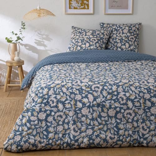 Future Home Parure de lit 2 Personnes Frida Fleurie en Percale 70 Fils - Housse de Couette + 2 taies d'oreiller 63x63cm - 100% Coton Percale - Finition Bouteille - Réversible Bleu 260x240cm