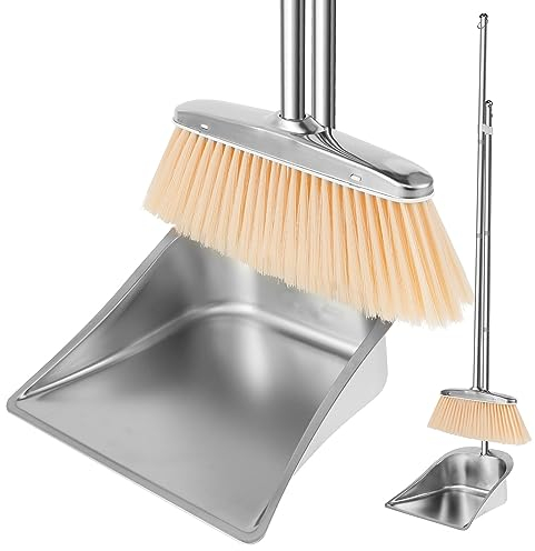 Metal Dustpan and Brush Sets Long Handle Broom and Dustpan Set Stainless Steel Upright Sweeper and Dustpan Set for Indoor Outdoor Home Office Dorm Pet Hair (B, square)