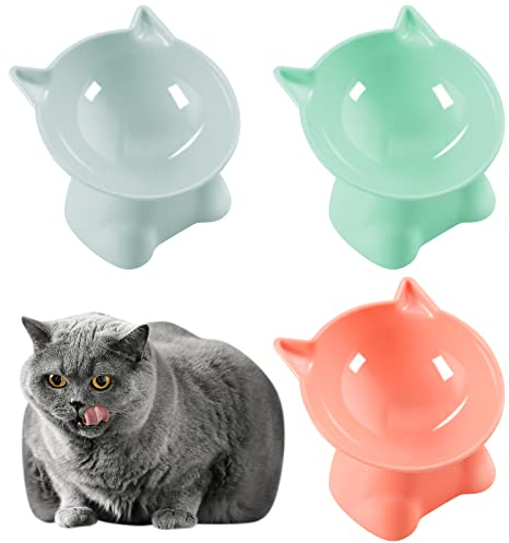 Fanshiontide 3PCS Raised Cat Bowl, Elevated Cat Feeding Bowls with Stand Tilted, Anti Vomit Cat Food Bowl Cat Feeding Bowls Neck Protective Bowl Pets 15° Tilted Raised Cat Feeder, blue green orange