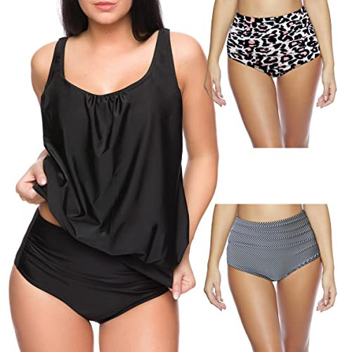 Octopus Ensemble tankini 3 pièces pour femme - Haut tankini surdimensionné avec deux pantalons de bikini à mélanger soi-même f5703, Noir + slip imprimé léopard et rayé, 40