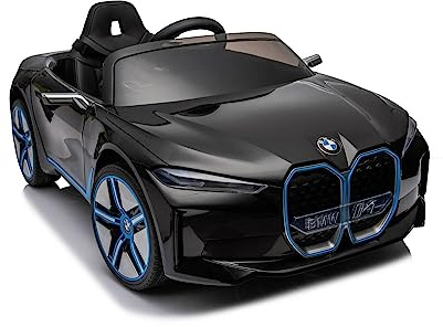 Elektro Kinderfahrzeug Design wie BMW i4 - lizenziert - 12V7A Akku, 2 Motoren- 2,4Ghz Fernsteuerung, MP3, Ledersitz+Eva (Schwarz)