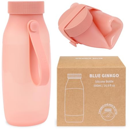 BLUE GINKGO Bouteille d’Eau Pliable – Gourde en Silicone Légère et Compacte pour Voyage, Randonnée et Camping (500ml, Fabriquée en Corée, Rose)