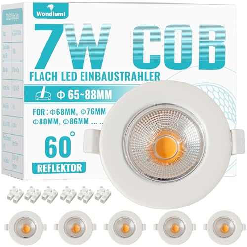 6er LED Einbaustrahler 7W Set LED Spots 230V Weiß Rund Deckenspots 3000K Warmweiß Einbauleuchten 65-85mm Lochmaß 600LM für Küche Wohnzimmer