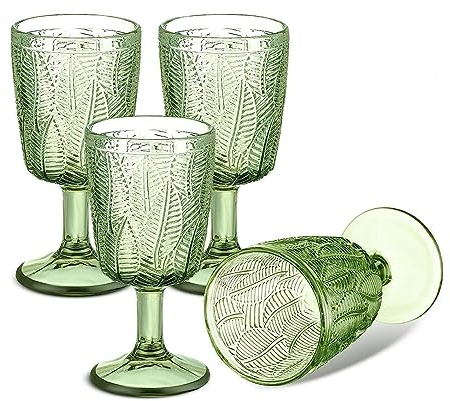HZIYOU Juego de 4 Copas de Vino Verde Vintage - Vasos de Vidrio de Colores de 11 Onzas, Patrón Floral en Relieve, Antideslizantes - Únicas para Boda, Fiesta, Bar, Cena